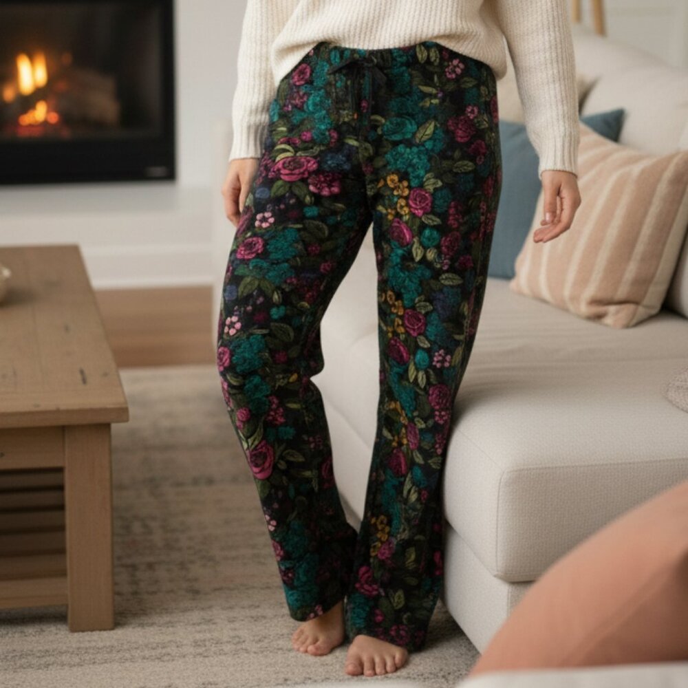 SILK & LACE Floral Pajama Pants: Fleece Floral Print Lounge Bottoms, Tall Inseam